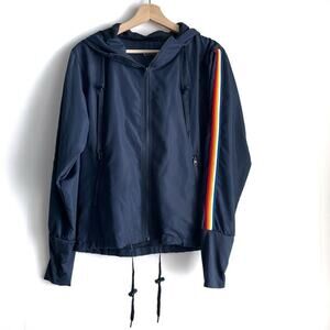 Zyia rainbow bomber jacket rainbow stripe sleeves navy jacket wind breaker sz S
